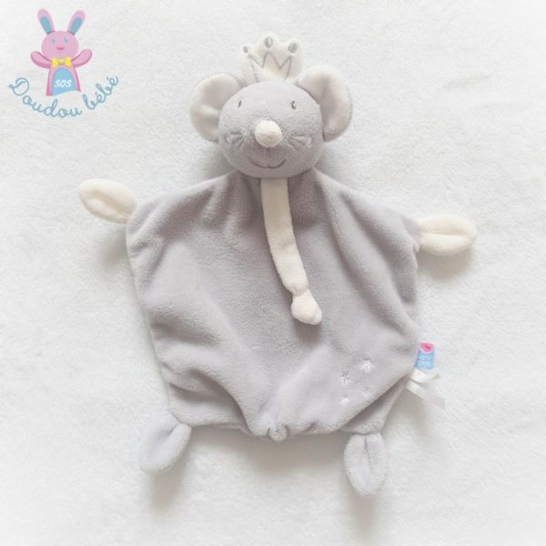 Doudou plat Souris gris et blanc couronne SUCRE D'ORGE