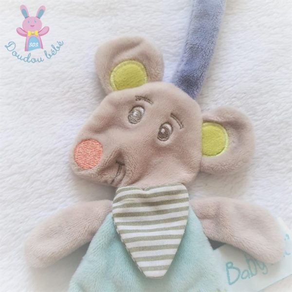 Doudou plat Souris Marceau bleu gris attache tétine BABY NAT