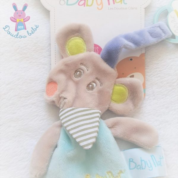 Doudou plat Souris Marceau bleu gris attache tétine BABY NAT