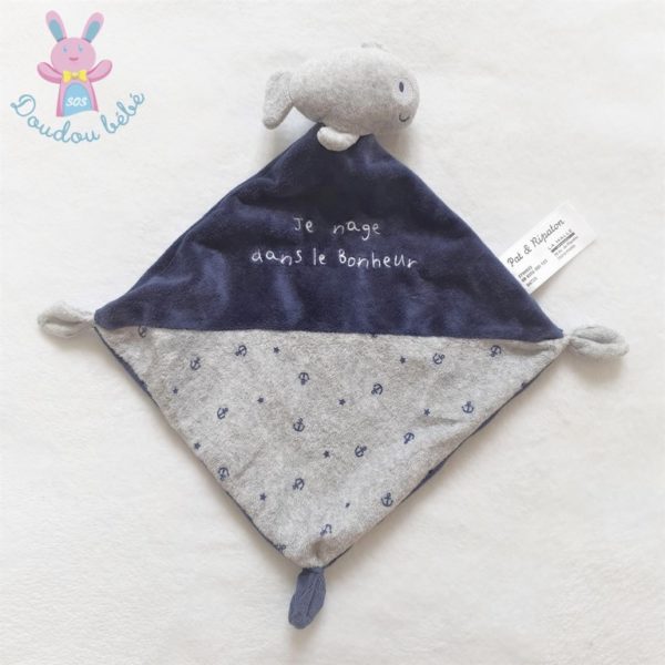 Doudou plat Poisson bleu gris "Je nage dans le bonheur" PAT & RIPATON