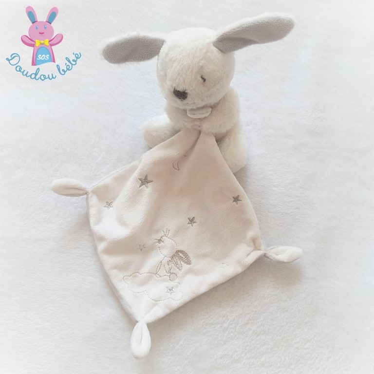 Doudou Lapin blanc gris mouchoir lune etoiles SIMBA KIABI