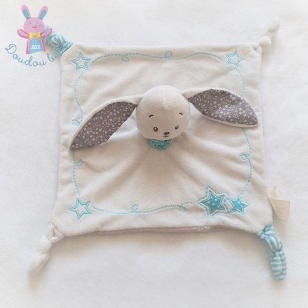 Doudou plat Lapin blanc gris bleu étoiles fleurs PAT & RIPATON