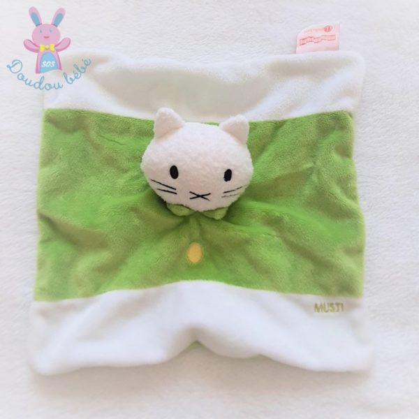 Doudou plat Chat Musti blanc et vert MUSTI