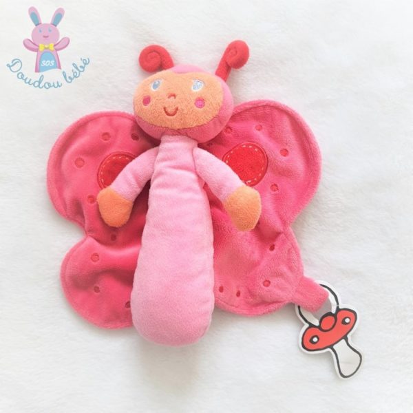 Doudou plat Papillon rose rouge orange attache tétine INFLUX