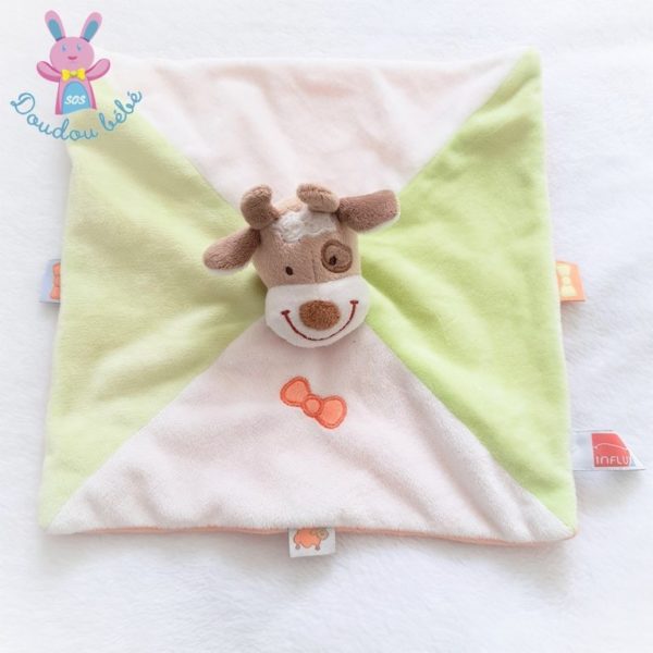 Doudou plat Vache blanc vert orange noeud INFLUX CORA