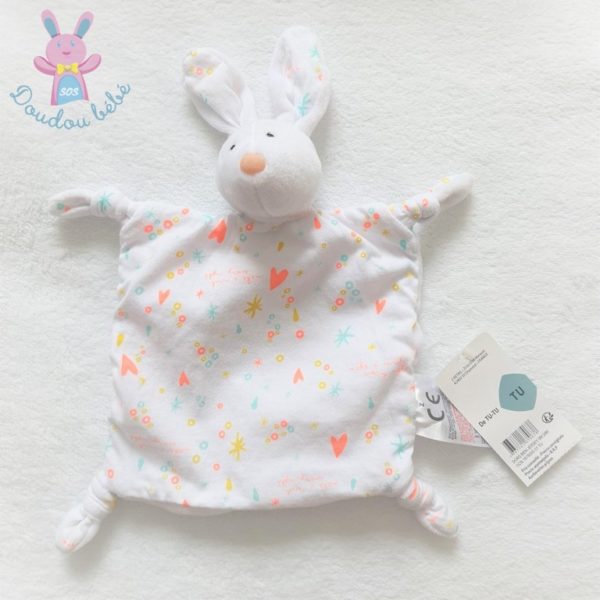 Doudou plat Lapin blanc coloré cœurs ronds étoiles Z Grain de Blé