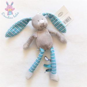 Doudou Lapin gris bleu turquoise et blanc rayé VACO