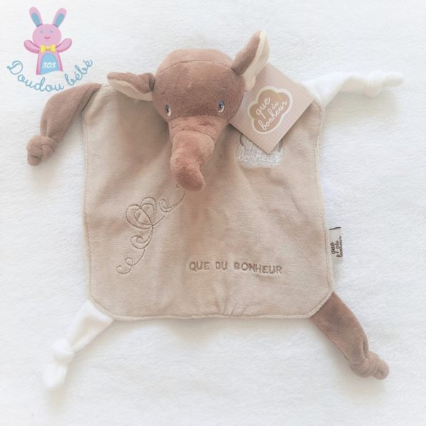 Doudou plat éléphant beige blanc marron QUE DU BONHEUR