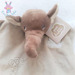 Doudou plat éléphant beige blanc marron QUE DU BONHEUR