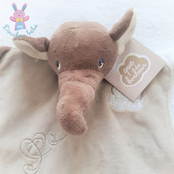 Doudou plat éléphant beige blanc marron QUE DU BONHEUR