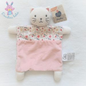 Doudou plat Chat rose blanc motif fleurs MOTS D’ENFANTS