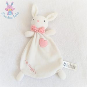 Doudou plat Lapin blanc rose cœur “I love snuggles” H&M