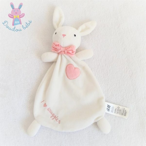 Doudou plat Lapin blanc rose cœur "I love snuggles" H&M