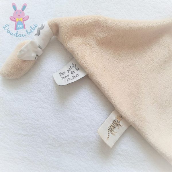 Doudou plat OURS velours tout doux beige blanc Avec petites étiquettes "mes amis de la savane"