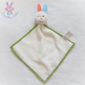 Doudou plat Lapin grelot blanc vert bleu rayé ACTION