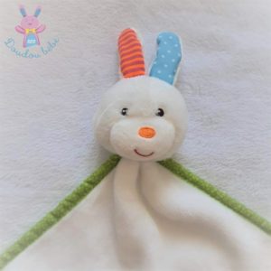 Doudou plat Lapin grelot blanc vert bleu rayé ACTION