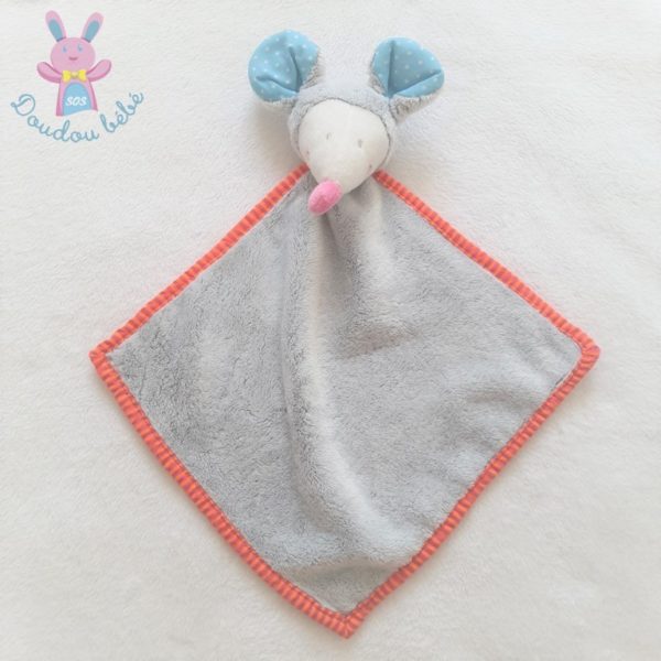 Doudou plat Souris grelot gris blanc bleu et rayé ACTION