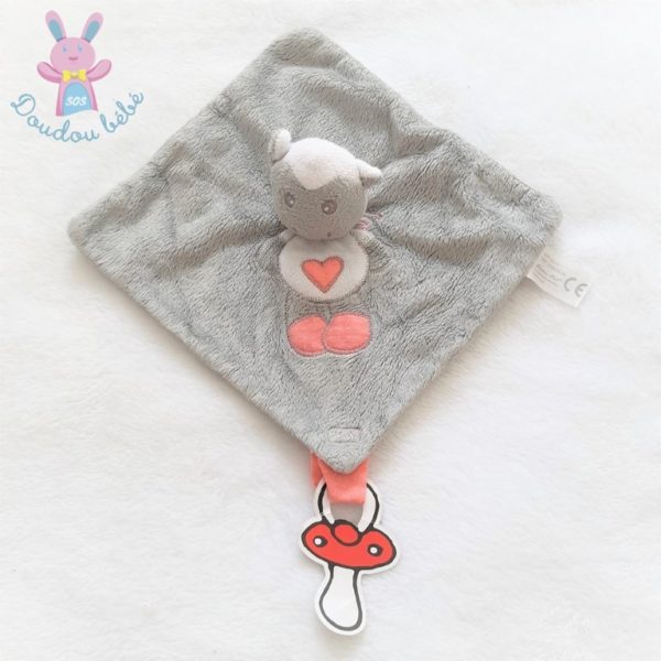 Doudou plat Mouton gris rose coeur attache tétine CARTOON CLUB