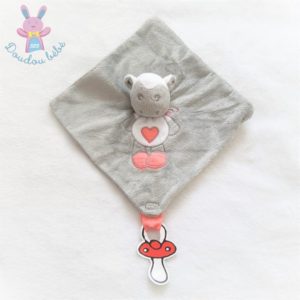 Doudou plat Mouton gris rose coeur attache tétine CARTOON CLUB