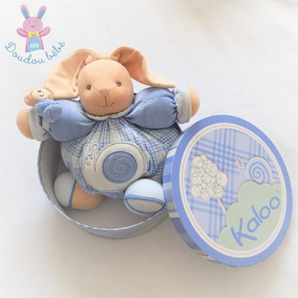 Doudou Lapin boule grelot bleu carreaux escargot 30 cm KALOO