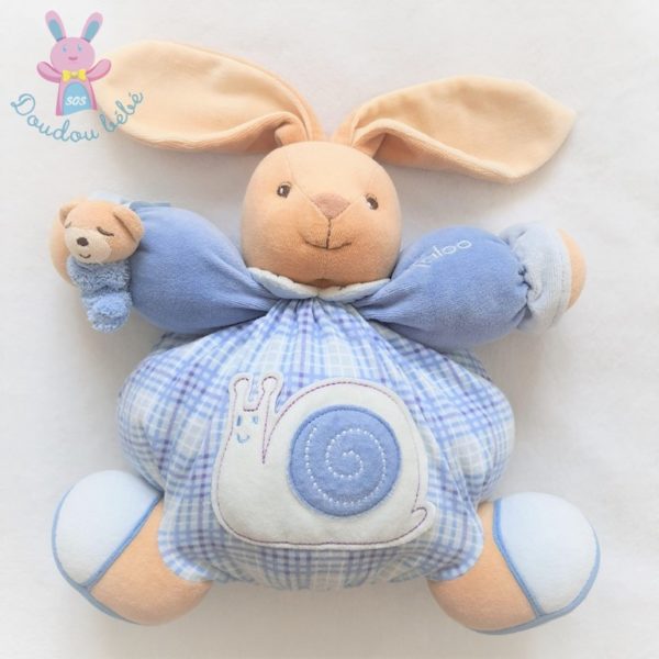 Doudou Lapin boule grelot bleu carreaux escargot 30 cm KALOO