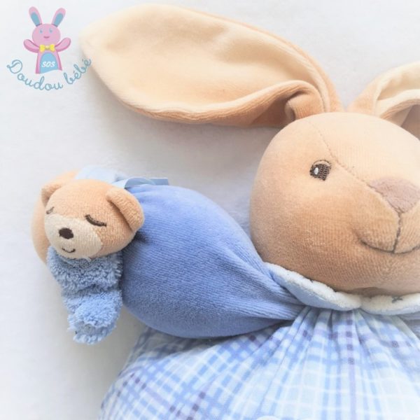 Doudou Lapin boule grelot bleu carreaux escargot 30 cm KALOO