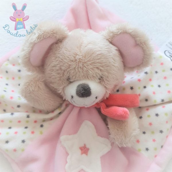 Doudou plat Souris beige rose blanc étoiles MOTS D'ENFANTS