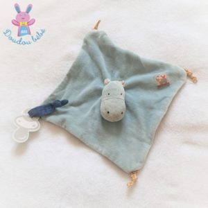 Doudou plat Hippopotame Les Papoum bleu attache tétine MOULIN ROTY