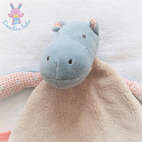 Doudou plat Hippopotame beige bleu Les Papoum MOULIN ROTY