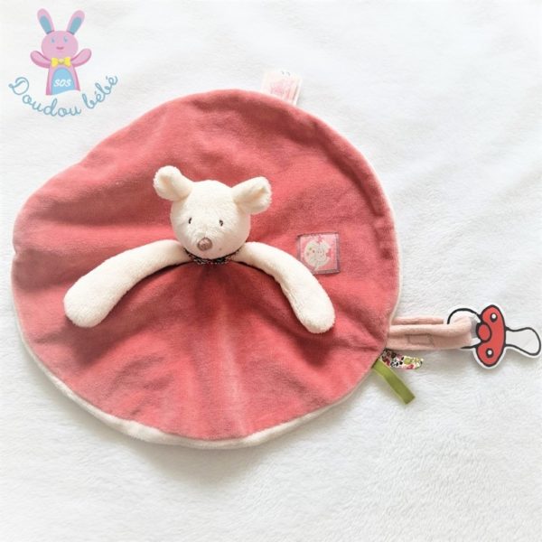 Doudou plat Souris rond rose blanc Myrtille et Capucine MOULIN ROTY