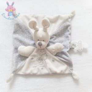 Doudou plat Lapin gris blanc étoiles attache tétine SIMBA