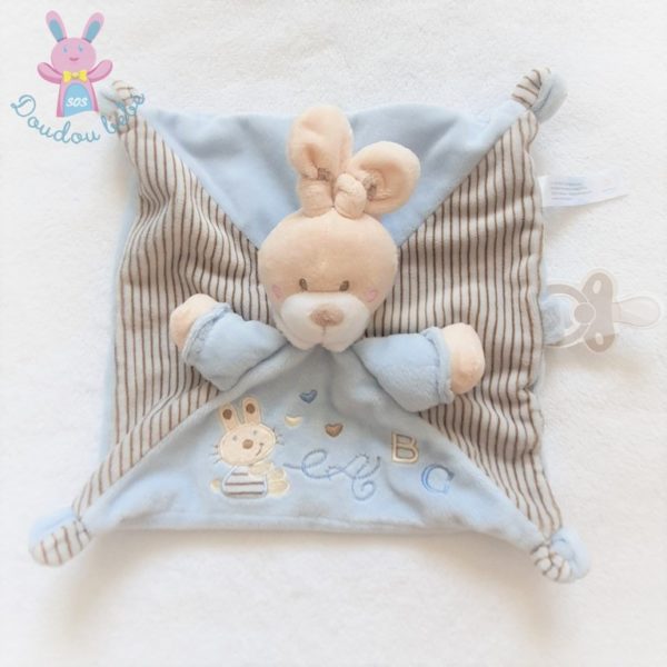 Doudou plat Lapin beige bleu rayé ABC attache tétine NICOTOY