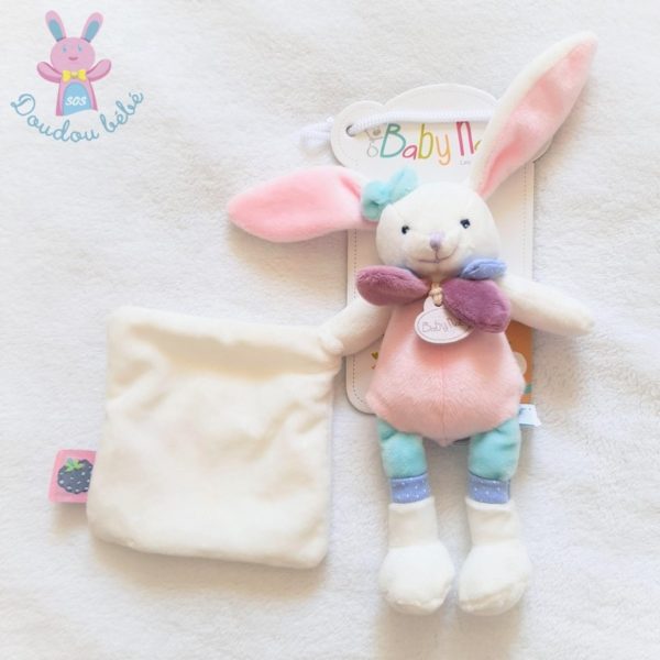 Doudou Lapin Berry rose bleu blanc mouchoir BABY NAT