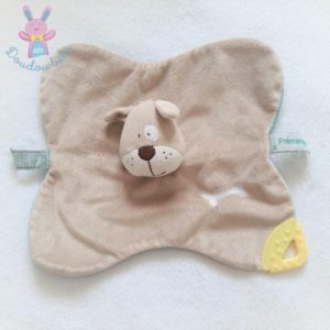 Doudou plat Chien beige blanc bleu os dentition Prémaman