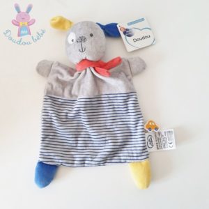 Doudou plat Chien gris bleu jaune rouge rayé MOTS D’ENFANTS