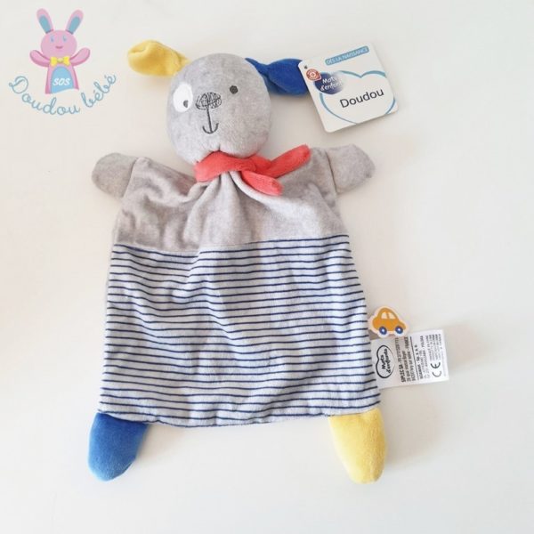 Doudou plat Chien gris bleu jaune rouge rayé MOTS D'ENFANTS