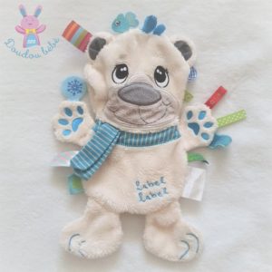 Doudou plat Ours blanc bleu étiquettes LABEL LABEL