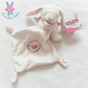 Doudou Lapin blanc mouchoir fleurs oiseau rose POMMETTE