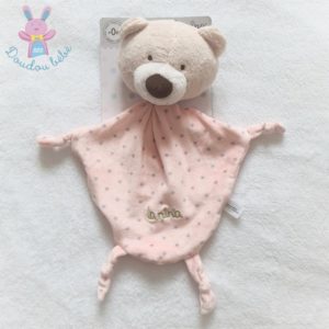 Doudou plat Ours beige tout doux rose étoiles LA NINA