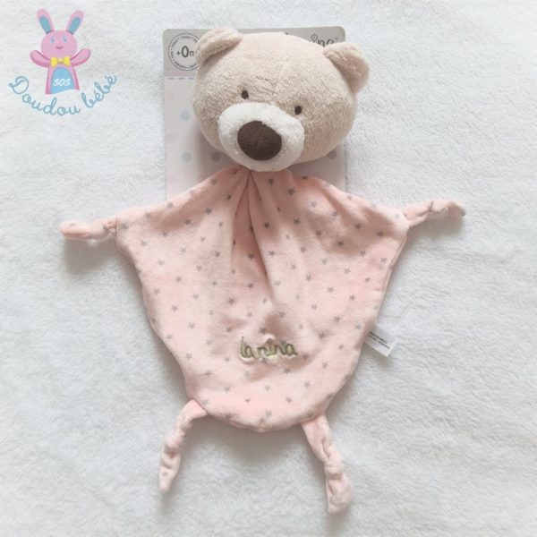 Doudou plat Ours beige rose étoiles LA NINA