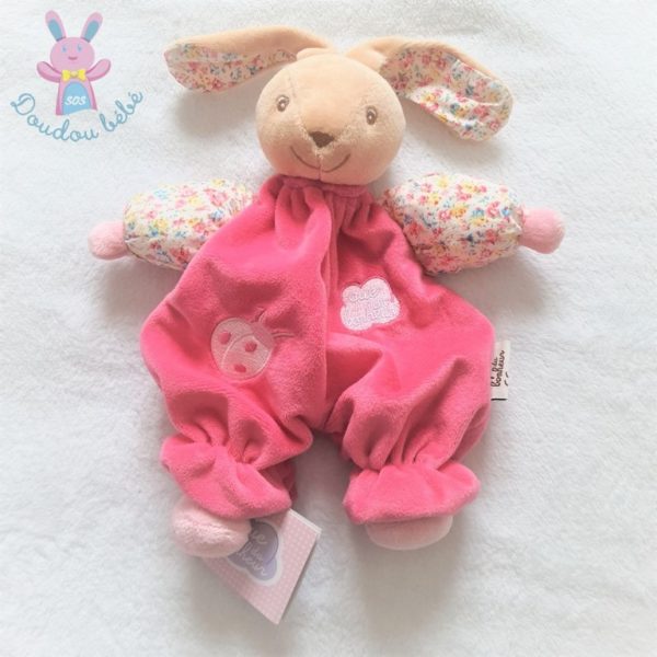 Doudou Lapin rose beige fleurs coccinelle QUE DU BONHEUR