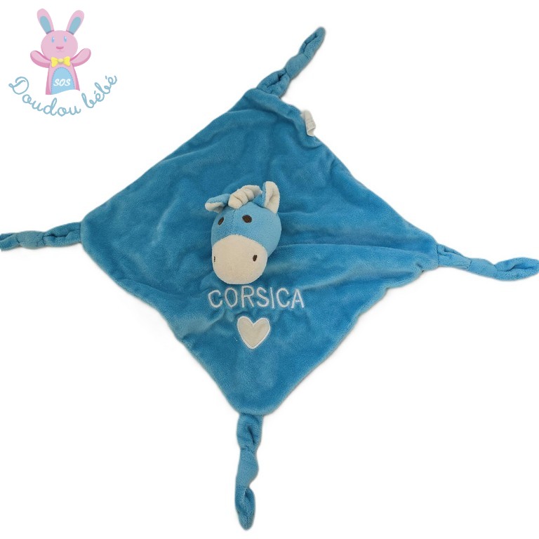 Doudou plat Ane bleu turquoise blanc Corsica cœur ENTRE CIEL ET MER