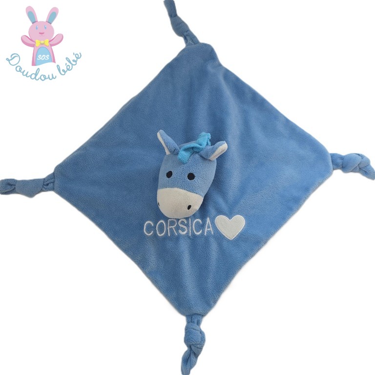 Doudou plat ANE velours tout doux bleu et blanc Brodé cœur et CORSICA marque Entre ciel et mer sos doudou bébé