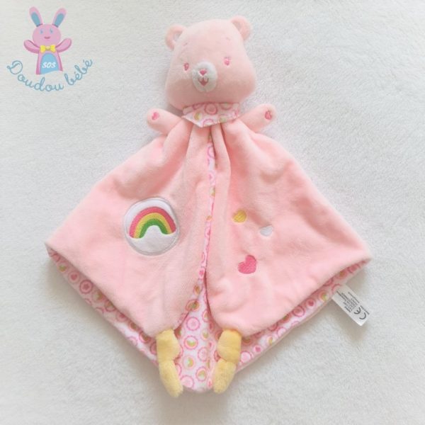 Doudou plat Ours Bisounours grelot rose cœurs arc en ciel JEMINI