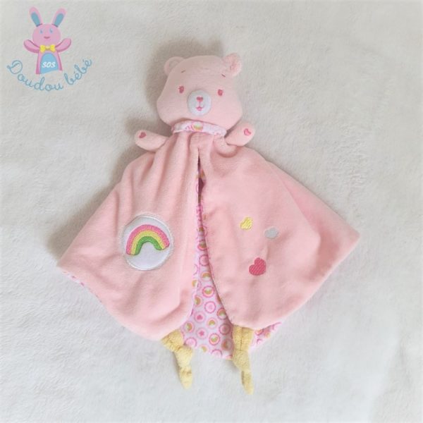 Doudou plat Ours Bisounours grelot rose cœurs arc en ciel JEMINI