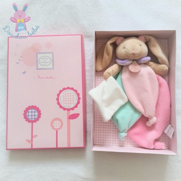 Lapin rose vert mouchoir collector microfibre DOUDOU ET COMPAGNIE