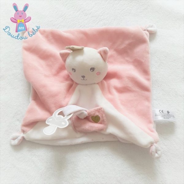 Doudou plat Chat couronne rose blanc poche attache tétine SIMBA