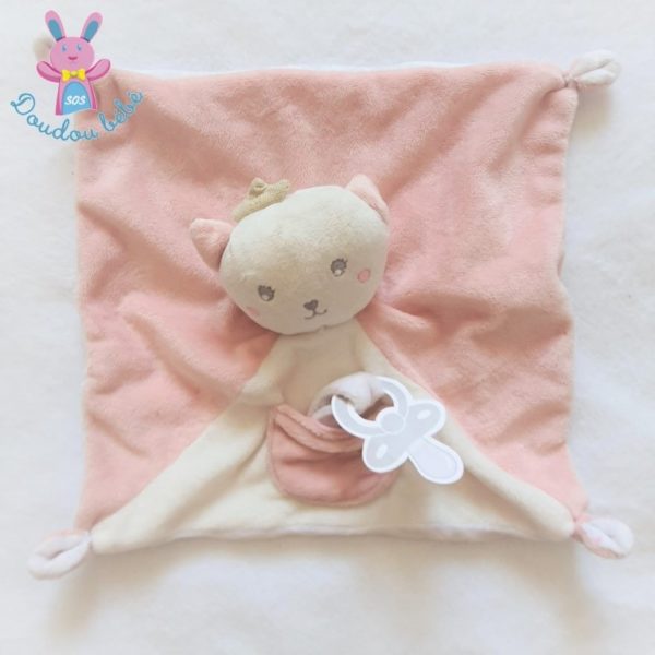 Doudou plat Chat couronne rose blanc poche attache tétine SIMBA