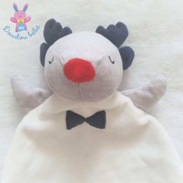 Doudou plat Cerf Renne blanc bleu gris nez rouge OBAIBI