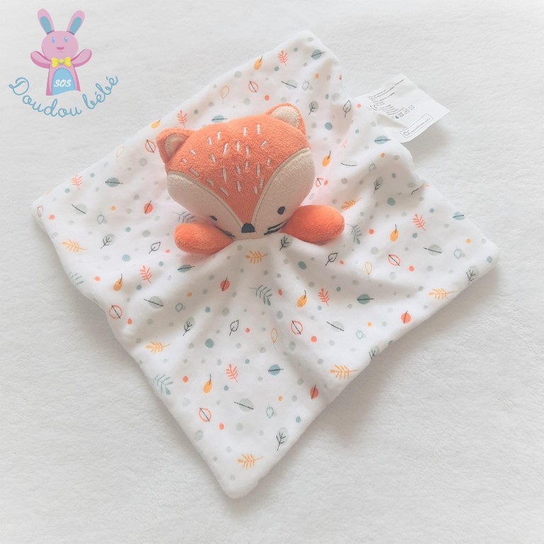 Doudou plat Renard blanc orange motif feuilles SIPLEC